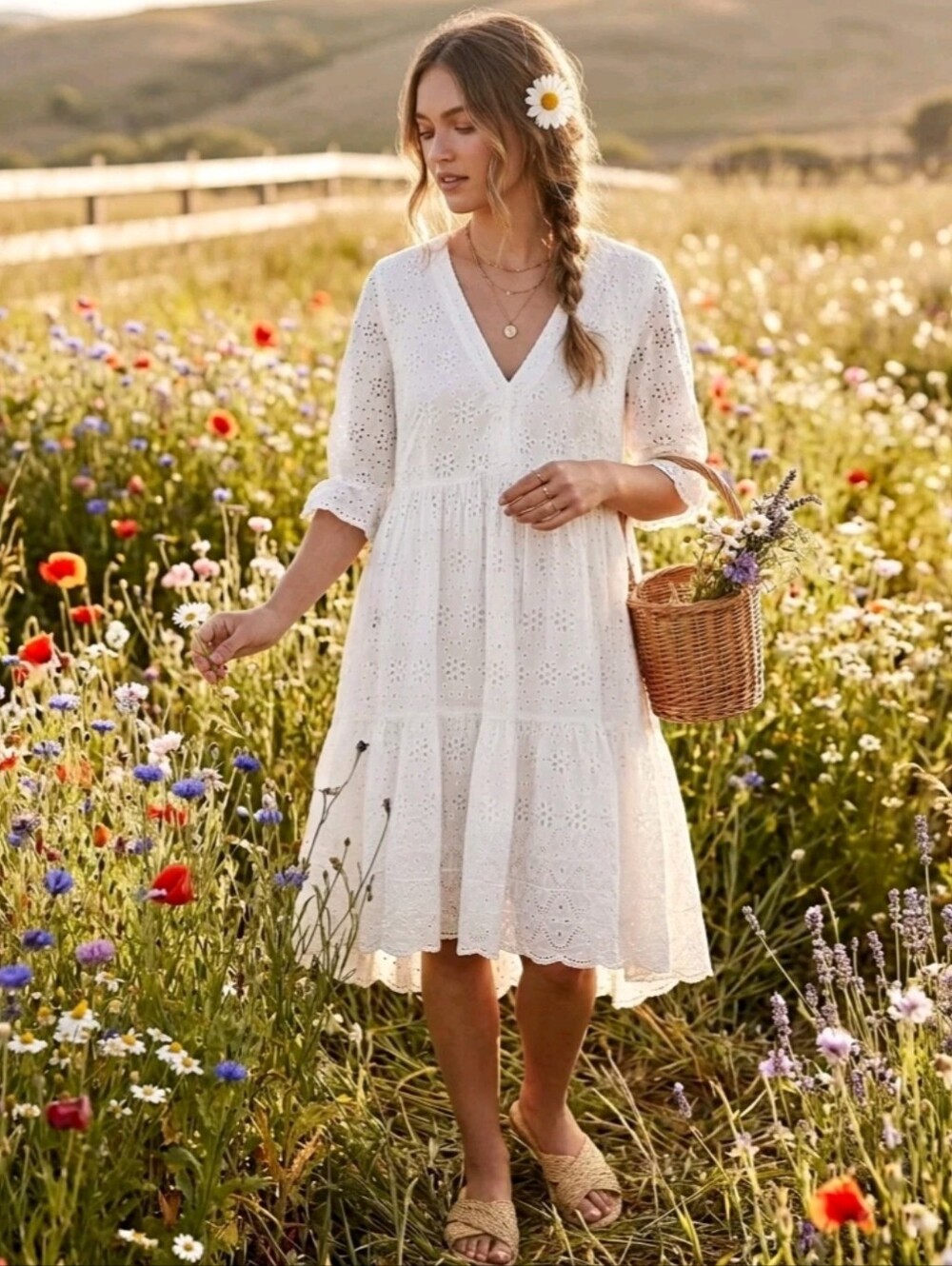 Sundance Jasmine White Eyelet Dress Tiered Ruffle Hi-Low Cotton Cottagecore L
